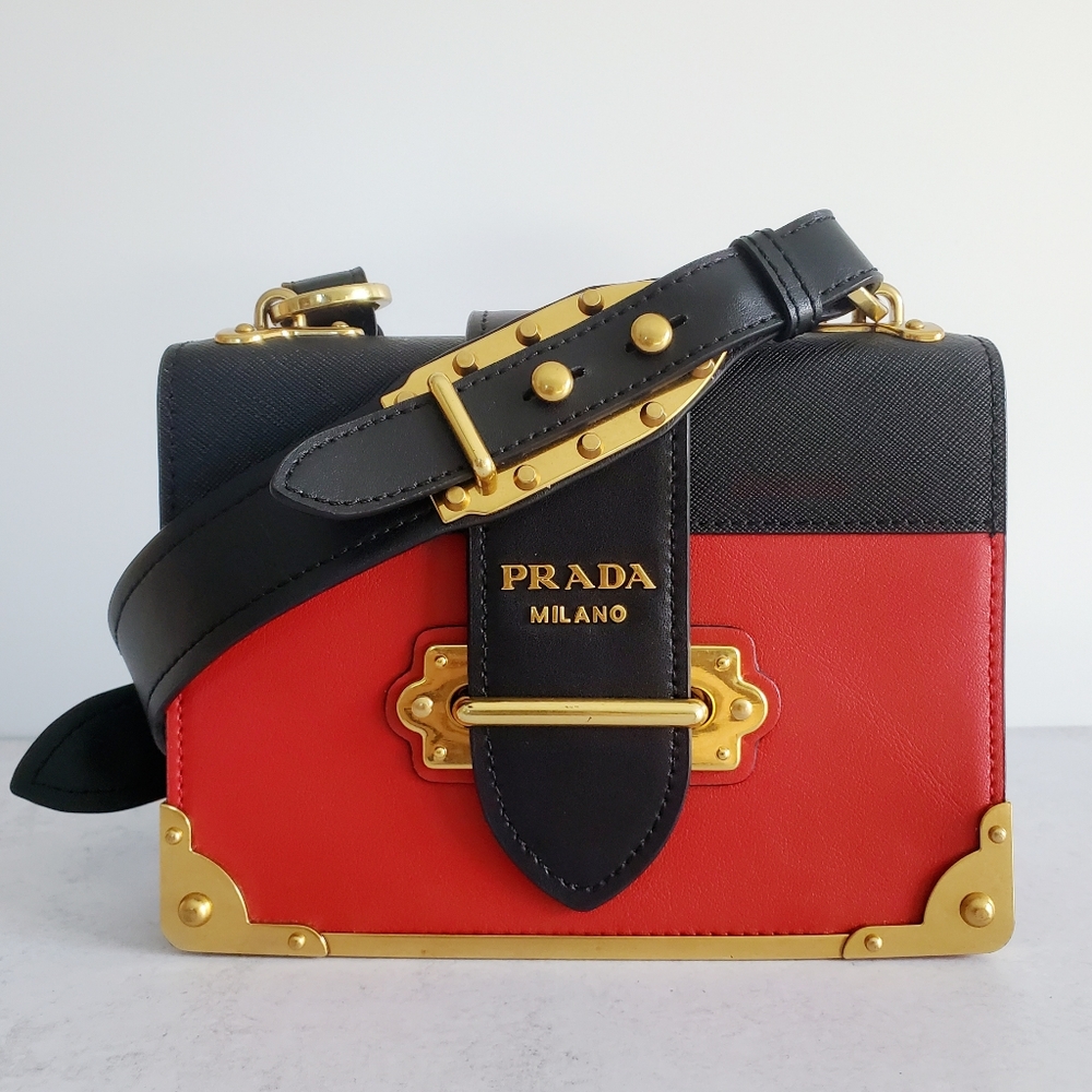 PRADA Cahier City Saffiano Calfskin Handbag Bag - Red Black Gold
